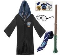 Kids Wizard Costume Set - One Size Wizard Robe, Wizard Wand, Glasses, Striped Blue Necktie & Temporary Tattoos - Children’s Magic School Fancy Dress Outfit for World Book Day Halloween & Role Play