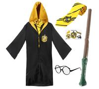 Kids Wizard Costume Set - One Size Wizard Robe, Wizard Wand, Glasses, Striped Yellow Necktie & Temporary Tattoos - Children’s Magic School Fancy Dress Outfit for World Book Day, Halloween & Role Play