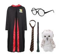 Kids Wizard Halloween Costume - Large - Black Robe, Round Glasses, Wizard Wand, Striped Tie and Plush Owl - Boys Girls Childs World Book Day Fancy Dress Costume
