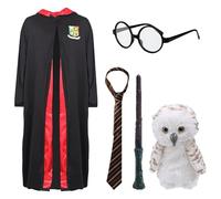 Kids Wizard Halloween Costume - Medium - Black Robe, Round Glasses, Striped Tie, Wizard Wand and Plush Owl - Childs Boys Girls World Book Day Halloween Fancy Dress Costume