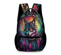 Kids Wolves Dreamcatcher Backpack Age 9 Students for Boys and Girls Wolf School Backpack Year 5 Durable Daily Daypack Front Pocket Side Pockets Weekend Travel Outdoor