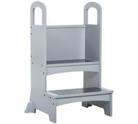 HOMCOM Kids Wooden 2-Step Stool Mini Ladder Assistance Unit Non-Slip Panels Grey