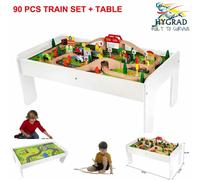 Kids Wooden Activity White Table and 90 Piece Train Set Car Track + Accessories