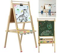 Kids Wooden Art Easel Double-Sided Whiteboard and Chalkboard Adjustable Standing Easel Painting Drawing Board with Paper Roll Holder Magnetic Letters and Numbers Accessories