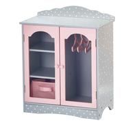 Olivia's Little World Polka Dot Princess Wooden Shaker-Style Double Closet for 18" Doll Wardrobes with Windowed Doors, Three Shelves, Hanging Space with Hangers, Grey/Pink