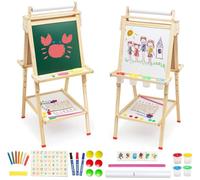 Kids Wooden Easel Double Sided Art Easel Whiteboard Chalkboard 3-Height Adjustable (95-115cm) Foldable Drawing Board with Letters Numbers for Boys Girls Toddlers