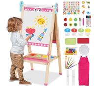 Kids Wooden Easel Double Sided Art Easel with 100+ Pcs Accessories Whiteboard Chalkboard Height Adjustable 95-125cm(37-48.5in) Standing Foldable Drawing Board with Letters Numbers for Toddlers Kids