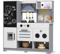 Kids Wooden Kitchen, Large Pretend Play Kitchen Toys, with Realistic Tap, Sounds & Light, Chalkboard & Water Dispenser, Children Cooking Playset for Toddlers 3+ Boy Girl