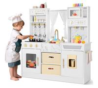 Kids Wooden Kitchen, Large Pretend Role Play Kitchen Toys with Realistic Oven, Microwave, Water Dispenser and Sink with Taps, Kitchen Playset with Sound and Light for Kids