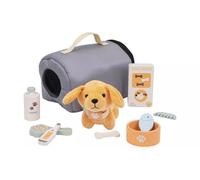 Kids Wooden Pet Care Play Set with Plush Dog, Carrier Bag, Shampoo, Food Bowl and Grooming Accessories, Grey