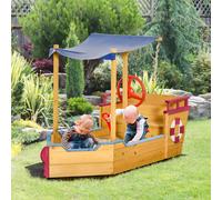 Outsunny Kids Wooden Sand Pit Sandbox Pirate Sandboat Outdoor With Canopy Shade - Orange, Orange