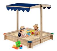 Kids Wooden Sandbox with Height-adjustable Canopy & Bottomless Design