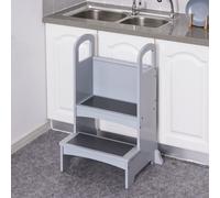 Kids Wooden Step Stool Kitchen Helper w/ Non-Slip Panels Handles Child Toddler Home Help 3 - 8 Yrs Grey