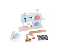 Kids Wooden Toy Sewing Machine Set, Educational Pretend Play with Accessories, Light Blue