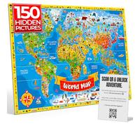 Kids World Map Poster 84x60cm - Illustrated Search & Find, 150 Pictures | 150gsm gloss paper, Wipes clean, Equator and tropics, Compass rose, Ages 3 to 12, KS1 and KS2 geography