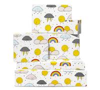 Kids Wrapping Paper - 6 Sheets Of Birthday Gift Wrap - Weather - Sun Rainbow Cloud - White Wrapping Paper For Boys And Girls - Comes With Stickers - By Central 23