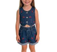 Kids Y2K Retro Streetwear 2 Piece Summer Set, Thin Spaghetti Strap Cami Top, Raw Hem Distressed High Waist Mini Denim Shorts, Fashion Co Ord for Teen Girls Casual Outings(1B-Dark Blue, 2-3Y)