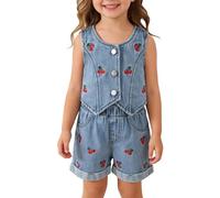 Kids Y2K Retro Streetwear 2 Piece Summer Set, Thin Spaghetti Strap Cami Top, Raw Hem Distressed High Waist Mini Denim Shorts, Fashion Co Ord for Teen Girls Casual Outings(1B-Sky Blue, 2-3Y)