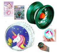 Kids Yo-Yo Set 2 Pack - Green Metal High Performance YoYo & White Unicorn LED Light Up YoYo, Responsive Beginner Toy, Outdoor Indoor Play, Christmas Birthday Gift for Boys Girls
