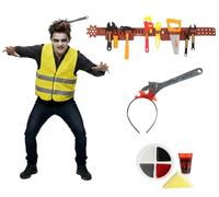 Kids Zombie Builder - Medium - Yellow Hi-Vis Vest, Spanner on Headband, Toolbelt with 8 Tools, Facepaint, Fake Blood - Childs Boys Girls Scary Trick or Treat Halloween Fancy Dress Costume