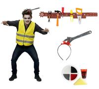 Kids Zombie Builder - X-Large - Yellow Hi-Vis Vest, Spanner on Headband, Toolbelt with 5 Tools, Facepaint, Fake Blood - Childs Boys Girls Scary Trick or Treat Halloween Fancy Dress Costume