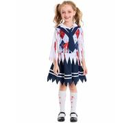 Kids Zombie Cheerleader Costume TeenGirls Halloween Scary Fancy Dress Lapel Collar Dress with Necktie Halloween Zombie Set World Book Day Carnival Cosplay Outfit 4-15 Years (Light Gray, L)