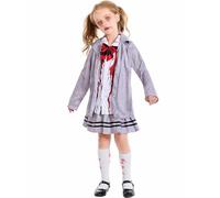 Kids Zombie School Costumes Girls Halloween Scary Fancy Dress for Teen Lapel Collar Top Skirt Set with Necktie Halloween Zombie Set Halloween Carnival Cosplay Outfit 4-15 Years (Grey, L)