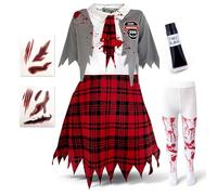 Kids Zombie School Girl Fancy Dress Outfit (M 7-9 Years) All In One Scary Costume Preppy School Tartan Skirt White Shirt Dress with Tie Bloody Tights Fake Blood Tube Girls Horror Halloween Costume