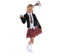 Kids Zombie Schoolgirl Costume - Large - Black and Tartan Bloodstained School Uniform and Scissors on Headband - Childs Girls Scary Trick or Treat Halloween Fancy Dress Costume