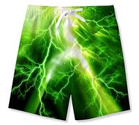 Kids4ever Boys Swimming Shorts 7-8 Years Green Lightning Printed Swim Trunks Quick Dry Drawstring Surf Shorts Beach Boardshorts