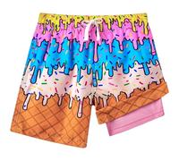 Kids4ever Boys Swimming Trunks 2 in 1 Compression Liner Quick Dry Colorful Ice Cream 3D Printed Swimming Trunks Summer Breathable Surfing Stretchy Beach Shorts with Pockets 8 Years