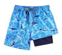 Kids4ever Boys Swimming Trunks Compression Liner Swim Shorts Blue Shark Printed Quick Dry Breathable Beach Shorts with Boxer Brief Anti Chafe Bathing Shorts 10-12 Years