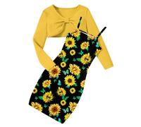 Kids4ever Girls Dress Set with Crop Top Floral Print Sundress 5-14 Years | Adjustable Spaghetti Strap,Bow Design Knit Top,2Pcs Casual Bodycon Cami Dress,Soft,Comfortable,for Party Holiday Birthday