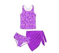 Kids4ever Girls Swimming Costume 3PCs Summer Hawaii Bikini Set 3D Printed Tankini with Cover Up Quick Dry UPF 50+ Swim Suit for Holiday Surfing 8-14 Years