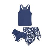 Kids4ever Girls Swimming Costume 3PCs Summer Hawaii Bikini Set 3D Printed Tankini with Cover Up Quick Dry UPF 50+ Swim Suit for Holiday Surfing 8-14 Years