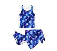 Kids4ever Girls Swimming Costume 3PCS with Cover-Up Skirt Blue Jellyfish Pattern Bikini Set Quick Dry Hawaii Beach Wear 13-14 Years