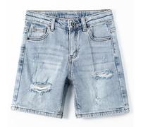 KIDSCOOL SPACE Big Boys Summer Denim Shorts, Ripped Holes Soft Elastic Band Inside Half Jean Pants, Light Blue, 8-9 T