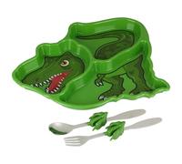 KidsFunwares T-Rex Dinosaur Me Time Meal Set, Portion Control Divided Plate with Fork and Spoon for Kids