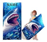 KIDSLOVE Personalised Shark Beach Towel with Name, Cartoon Shark Towel with Name, Bath Towel for Boys, Microfibre Beach Towel, Large 90 x 180 cm, Bath Towel for Beach (100 x 200 cm, 1)