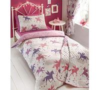 Kidz Club Divine Unicorn Duvet Quilt Cover and Pillowcase Bed Set for Girls, Reversible Design-Pink/White, Polyester-Cotton, Single