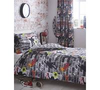 Kidz Club Teenagers Double Duvet 2 Pillowcase Bed Cool Skateboards and Graffiti Quilt Cover Set In Grey-Tricks, Polyester-Cotton