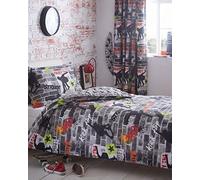 Kidz Club Teenagers King Size Duvet 2 Pillowcase Bed Cool Skateboards and Graffiti Quilt Cover Set In Grey-Tricks, Polyester-Cotton