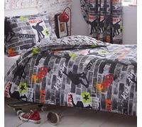 Kidz Club Teenagers Single Duvet Pillowcase Bed Cool Skateboards and Graffiti Quilt Cover Set In Grey-Tricks, Polyester-Cotton
