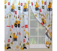 Kidz Kollectionz 66" X 72" Construction Curtain Set, Unlined, Pencil Pleat, Diggers, Trucks, Yellow White
