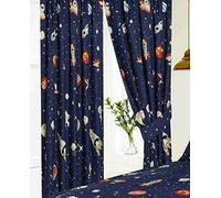 Kidz Kollectionz 66" x 72" Space Curtains With Tie Backs, Pencil Pleat, Novelty Kids Galaxy Stars Planets Alien Spaceship Moon, Navy Blue Orange Yellow Grey White