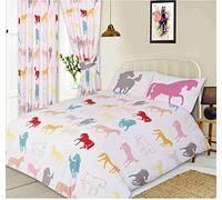 KIDZ KOLLECTIONZ Double Bed Horses White, Duvet/Quilt Cover Set, Novelty Kids Pony Equestrian Show Silhouette, Grey Pink Orange Teal Green Blue Red