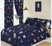 Kidz Kollectionz Single Bed Space, Duvet/Quilt Cover Set, Novelty Kids Galaxy Stars Planets Alien Spaceship Moon, Navy Blue Orange Yellow Grey White