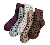 KieTeiiK Socks,5 Pairs Women Cotton Crew Socks Spotted Leopard Print Terry Thick Warm Hosiery