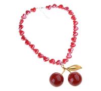 KieTeiiK Stylish Heart Shaped Bead And Cherries Necklace Fruit Pendant Neckchain Adjustable Length Choker For Everyday Wear Sweet Romantics Accessory