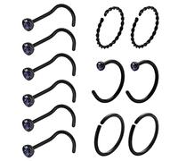 Kiethleasa 20 Gauge Nose Ring Hoop Stainless Steel Nose Rings for Women Men Round CZ L Shaped Nose Studs Nose Screw Bone Rings Set Nose Piercing Jewelry Hoops Nose Rings Silver Black 12Pcs, Stainless